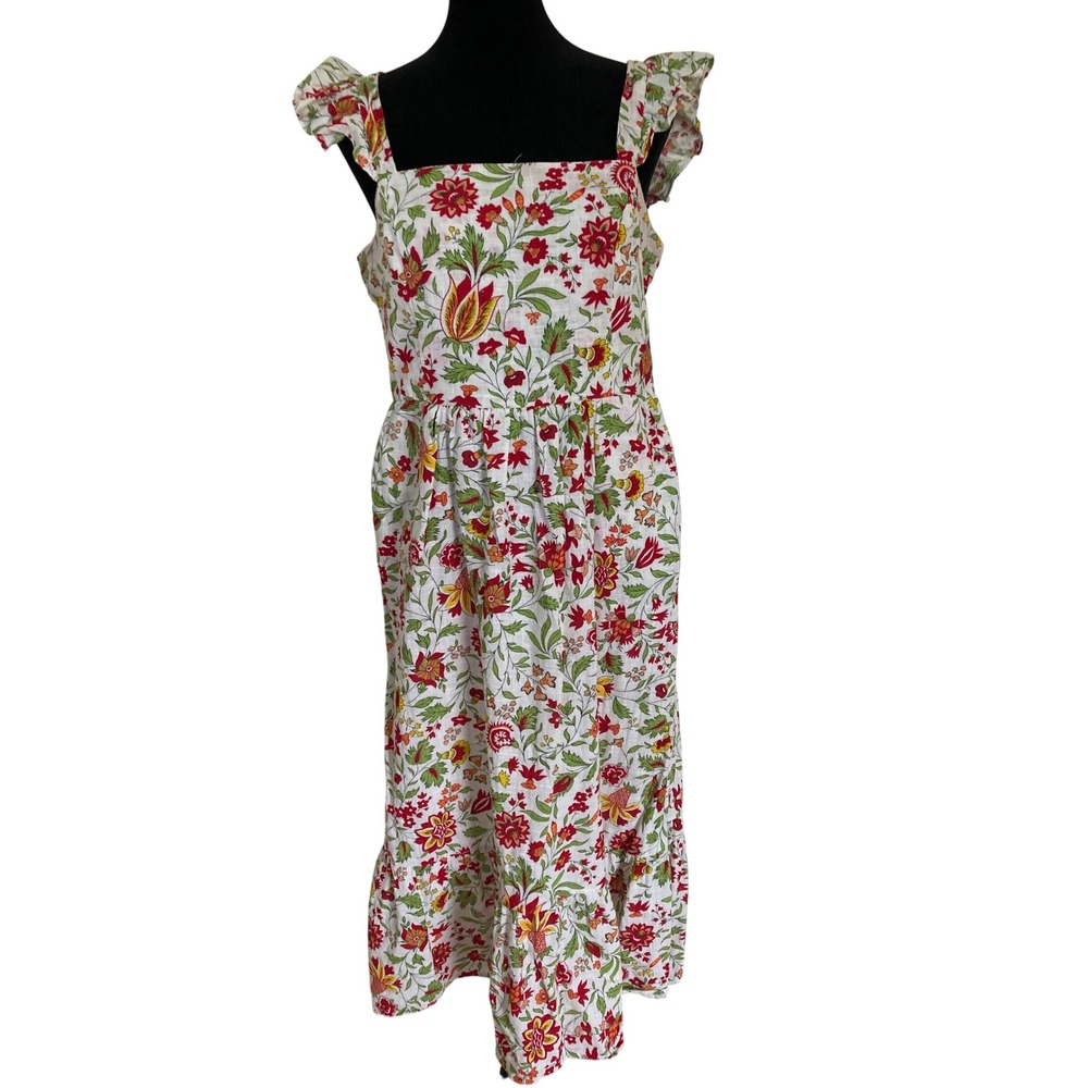dRA Los Angeles Floral Cotton Midi Dress Red White Ruffle Smocked Back Medium